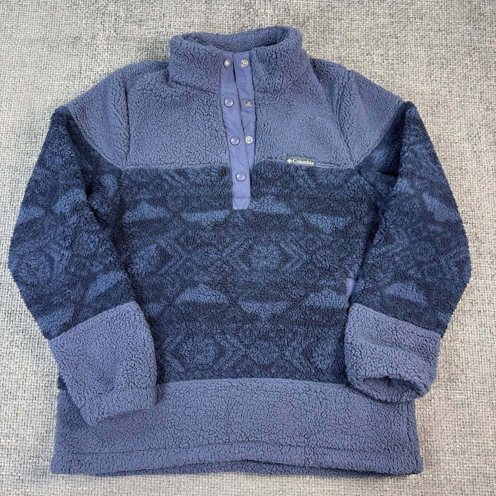 Columbia Sherpa Fleece Pullover Women Medium Blue Aztec Snap Mock Neck B3028-11